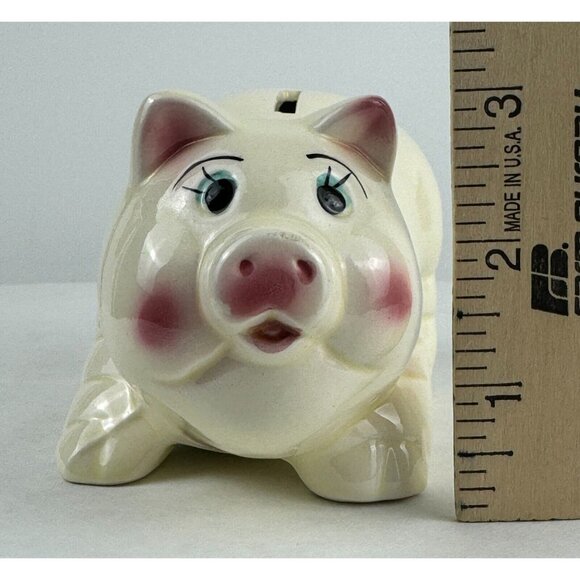 Vintage Painted Ceramic Standing Piggy Bank Off White Pottery Taiwan Made 6x3 in - Picture 11 of 12